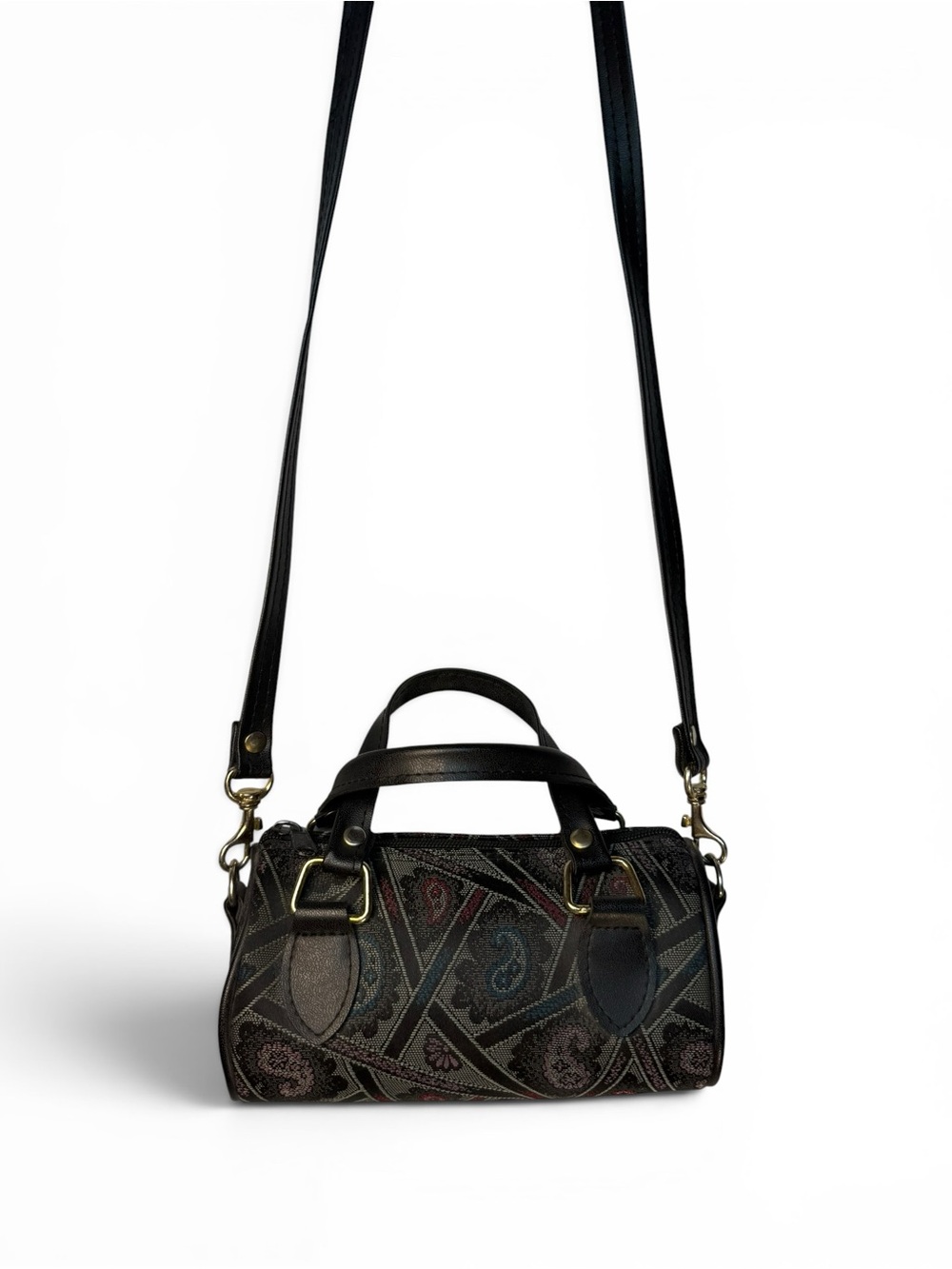 Vintage Paisley Tapestry Barrel Bag Mini Crossbody Satchel Black Boho